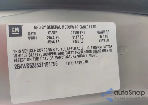 2002 Buick Century Custom z USA, uszkodzony, nr VIN 2G4WS52J521151796